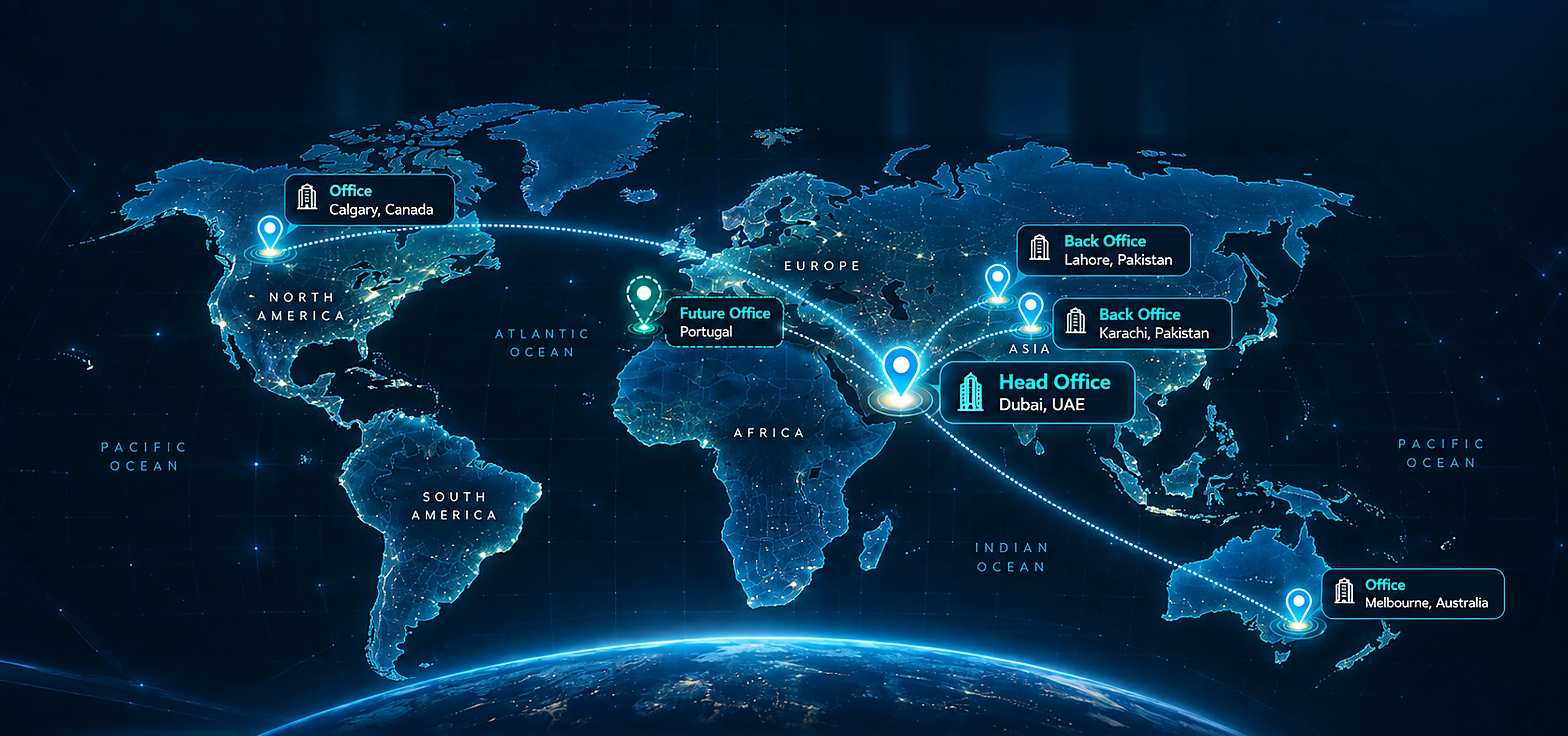 Tribox global presence: head office in Dubai, UAE, with offices in Lahore and Karachi, Calgary, Melbourne and a future office in Portugal